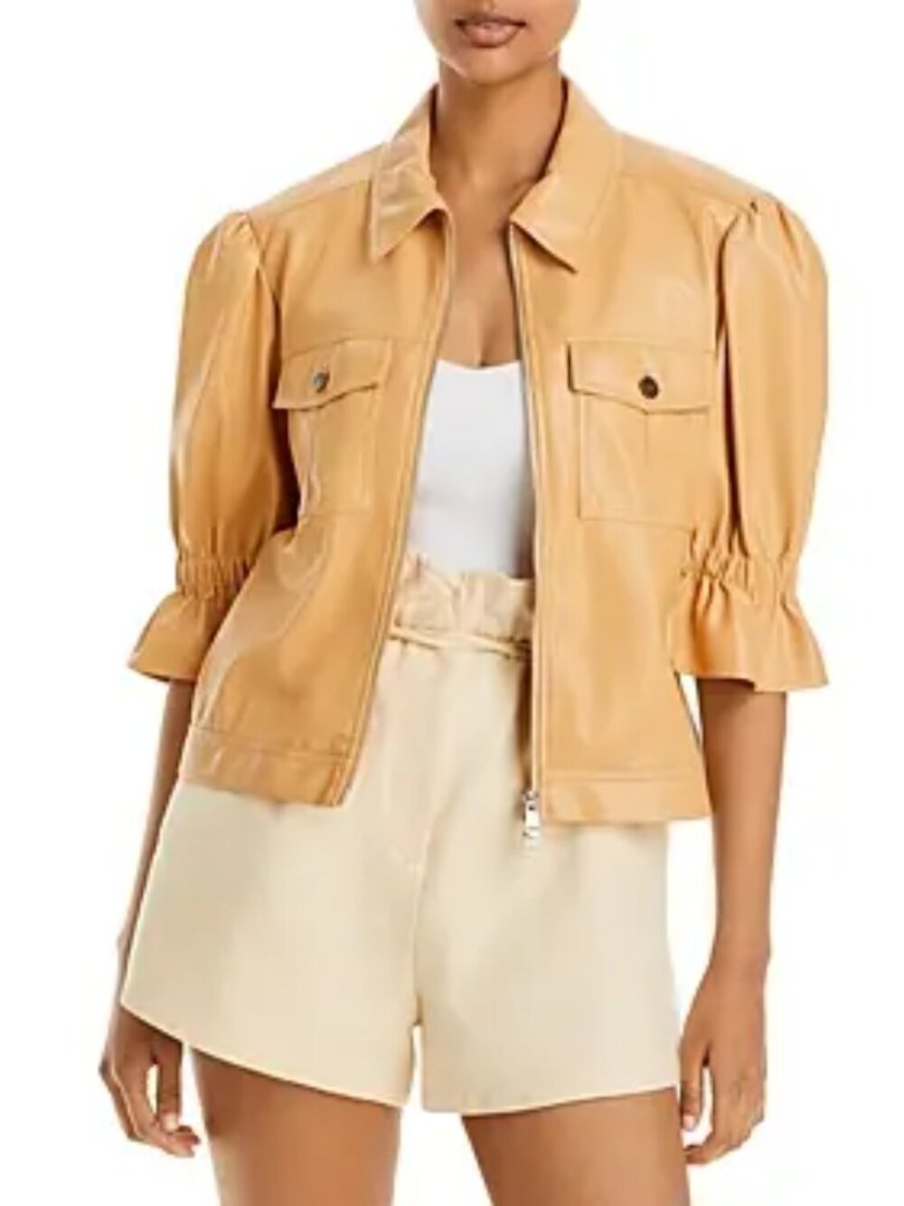 Cinq à Sept Holly Short Puff-Sleeve Vegan Leather Jacket in Chai Size Large